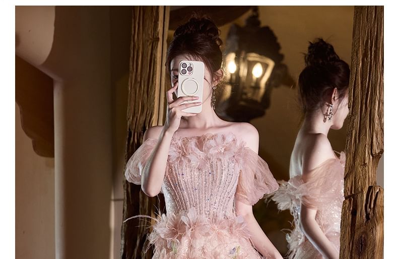 Mesh Off-Shoulder Glitter Gown A-Line Flower Evening Accent