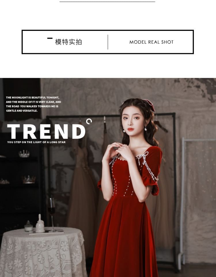 Short-Sleeve Square Neck Faux Pearl Velvet Midi A-Line Evening Dress