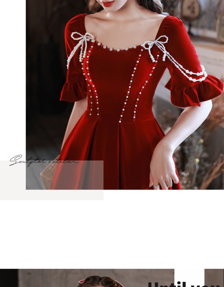 Short-Sleeve Square Neck Faux Pearl Velvet Midi A-Line Evening Dress