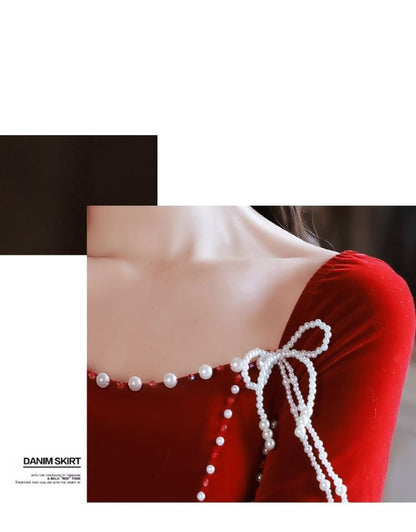 Short-Sleeve Square Neck Faux Pearl Velvet Midi A-Line Evening Dress