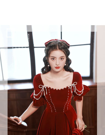 Short-Sleeve Square Neck Faux Pearl Velvet Midi A-Line Evening Dress