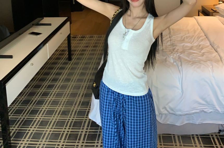 Zip Pointelle Cardigan with Henley Slim Tank and Plaid Wide-Leg Pants