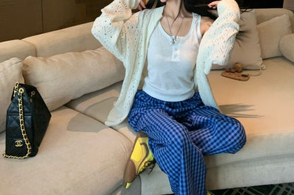 Zip Pointelle Cardigan with Henley Slim Tank and Plaid Wide-Leg Pants