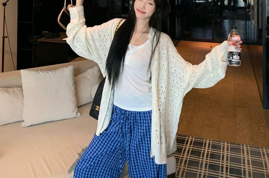 Zip Pointelle Cardigan with Henley Slim Tank and Plaid Wide-Leg Pants