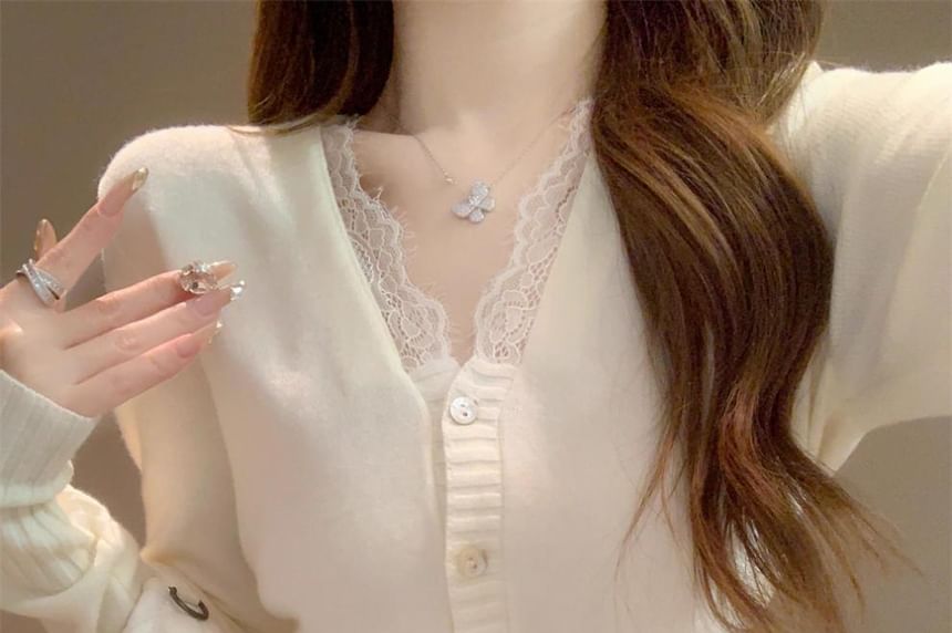 Lace Panel V-Neck Cardigan