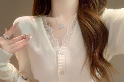 Lace Panel V-Neck Cardigan
