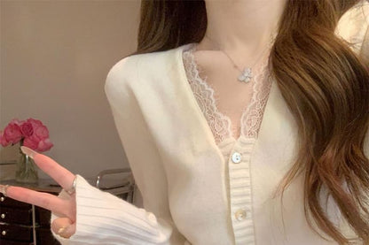 Lace Panel V-Neck Cardigan