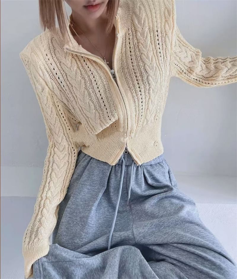 Solid Pointelle Cable Knit Crop Zip Cardigan