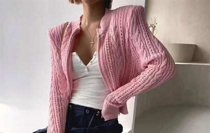Solid Pointelle Cable Knit Crop Zip Cardigan