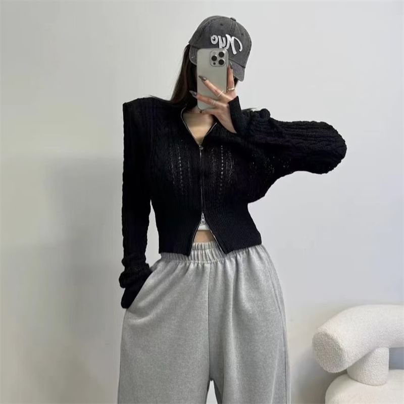 Solid Pointelle Cable Knit Crop Zip Cardigan