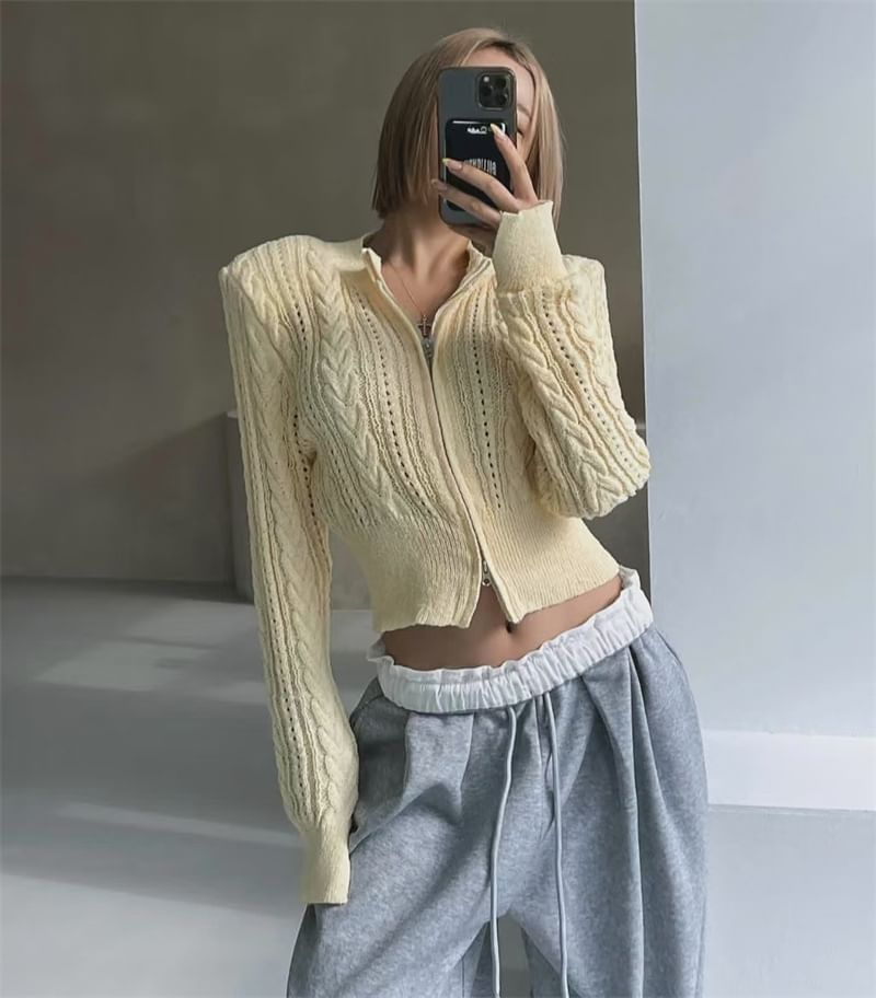 Solid Pointelle Cable Knit Crop Zip Cardigan