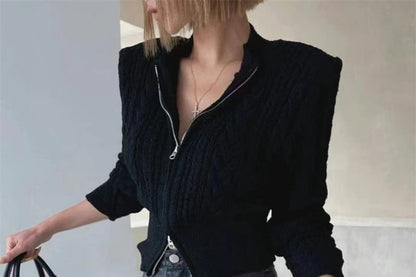 Solid Pointelle Cable Knit Crop Zip Cardigan