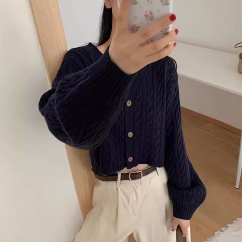 V-Neck Solid Cable Knit Cropped Cardigan