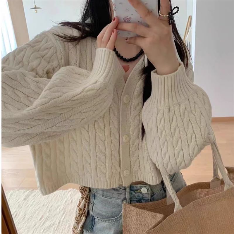 V-Neck Solid Cable Knit Cropped Cardigan