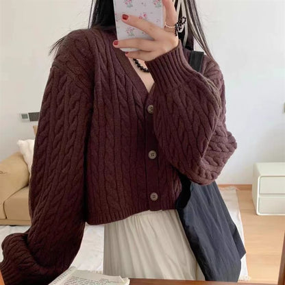 V-Neck Solid Cable Knit Cropped Cardigan