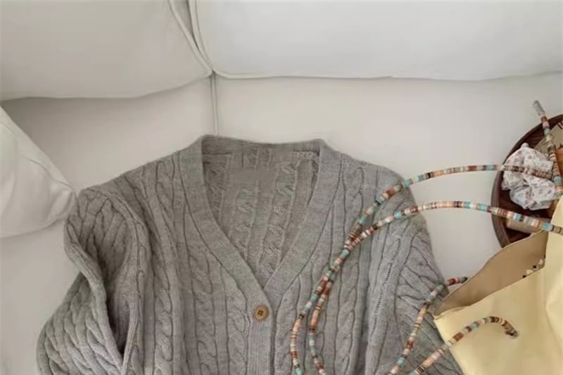 V-Neck Solid Cable Knit Cropped Cardigan