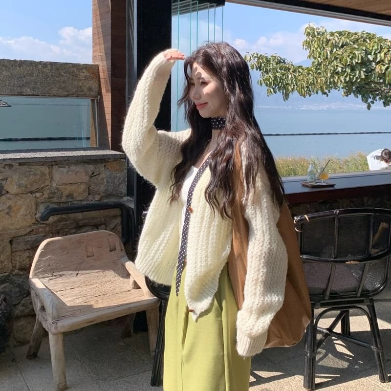 V-Neck Solid Pointelle Cardigan