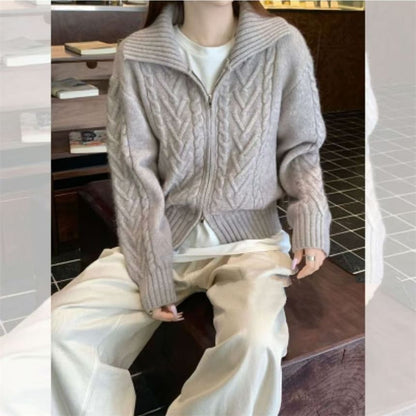 Collared Solid Cable Knit Zip Cardigan