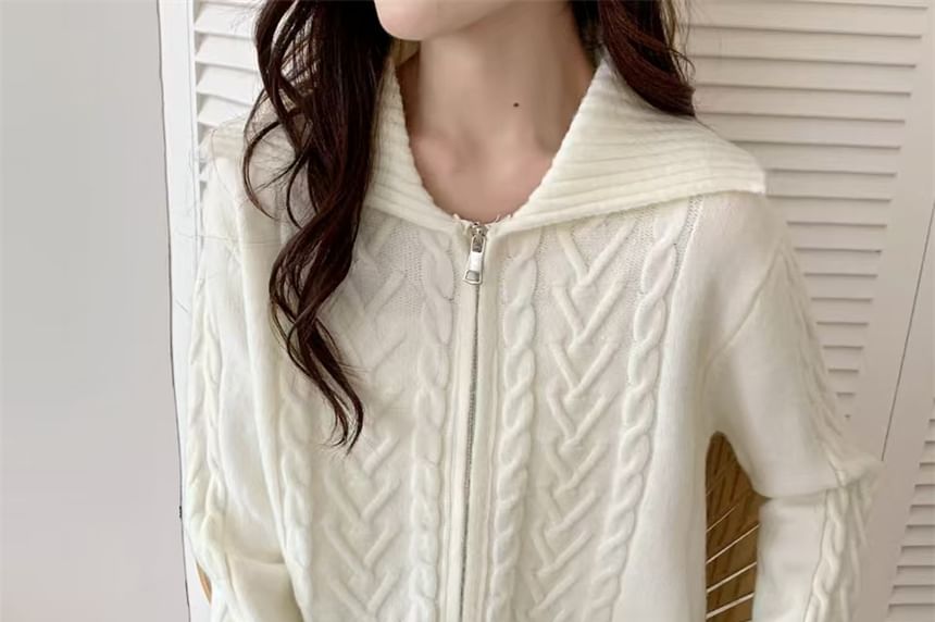 Collared Solid Cable Knit Zip Cardigan