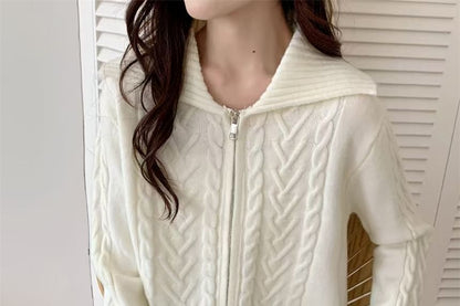Collared Solid Cable Knit Zip Cardigan