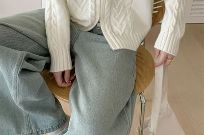 Collared Solid Cable Knit Zip Cardigan