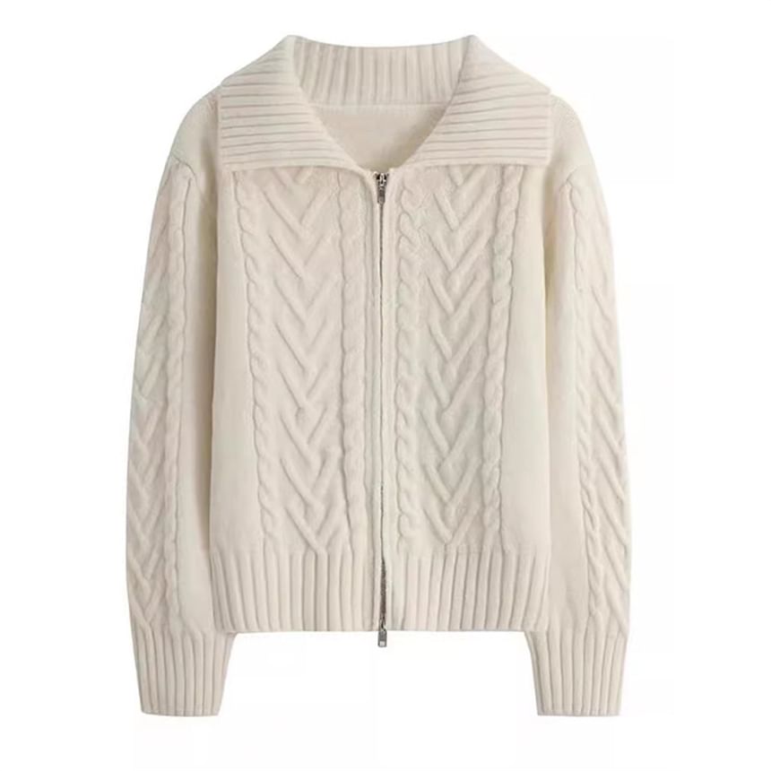 Collared Solid Cable Knit Zip Cardigan