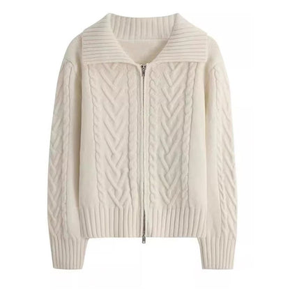 Collared Solid Cable Knit Zip Cardigan