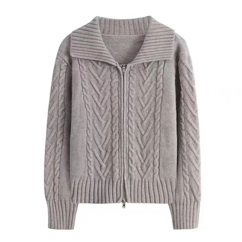 Collared Solid Cable Knit Zip Cardigan