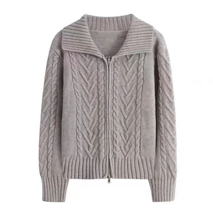 Collared Solid Cable Knit Zip Cardigan