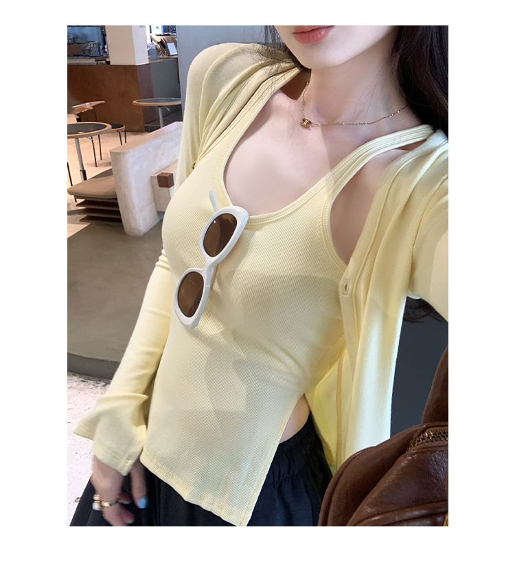Scoop Neck Padded Racerback Crop Tank & V-Neck Cardigan Set