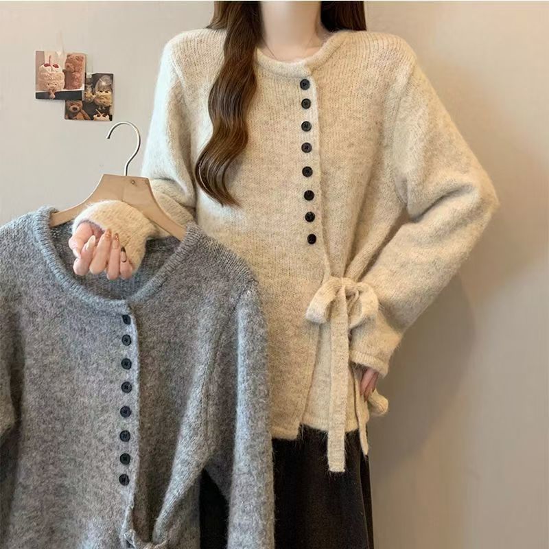 Crew Neck Tie Waist Button-Up Cardigan
