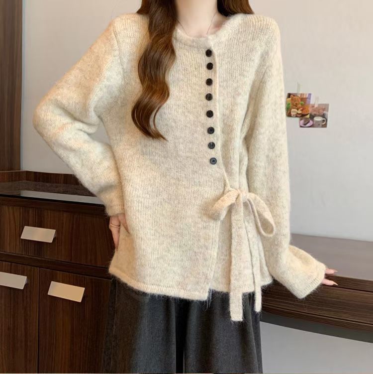 Crew Neck Tie Waist Button-Up Cardigan