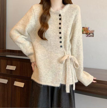 Crew Neck Tie Waist Button-Up Cardigan