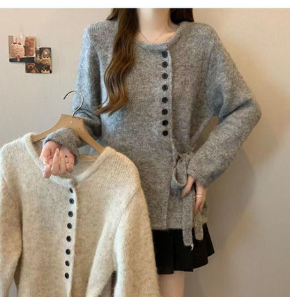 Crew Neck Tie Waist Button-Up Cardigan