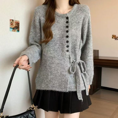 Crew Neck Tie Waist Button-Up Cardigan