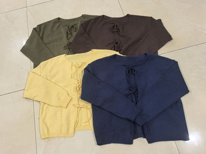 Crew Neck Tie Front Cardigan