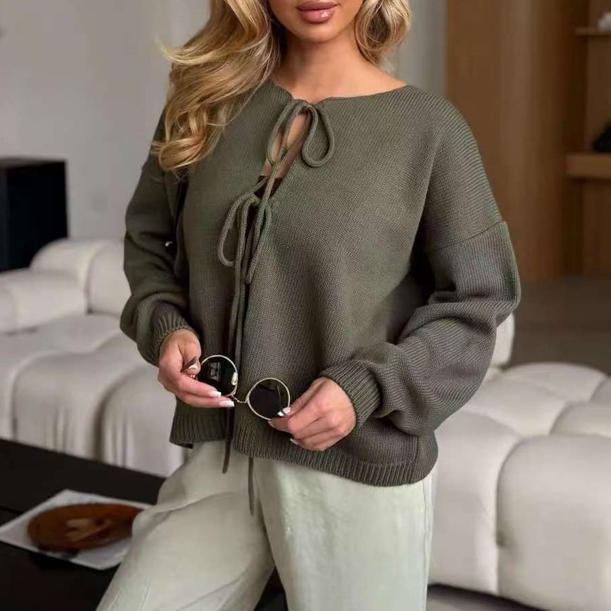 Crew Neck Tie Front Cardigan