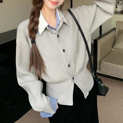 Collared Plaid Panel Button-Up Cardigan Mock Two-Piece