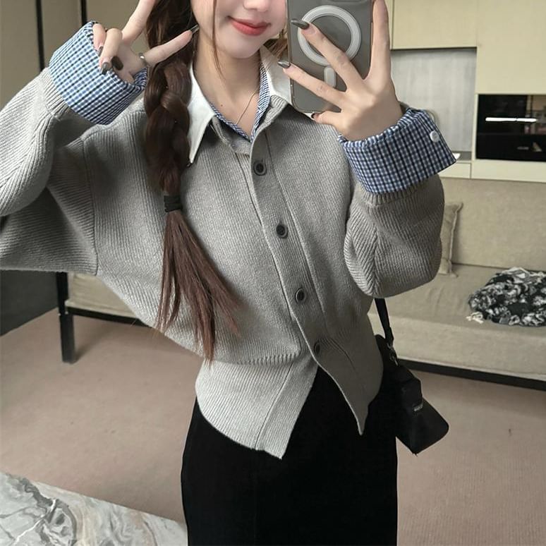 Collared Plaid Panel Button-Up Cardigan Mock Two-Piece
