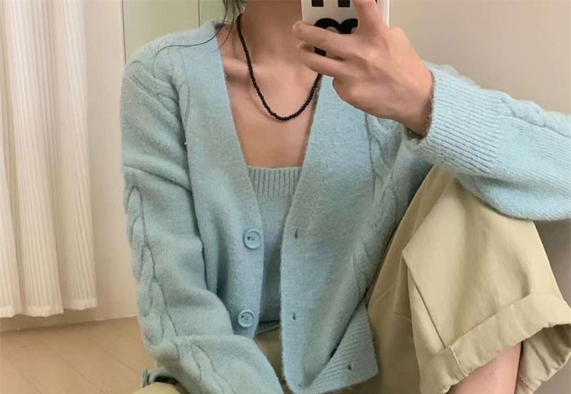 Knit Crop Cami Top and V-Neck Button-Up Cable Knit Cardigan Set