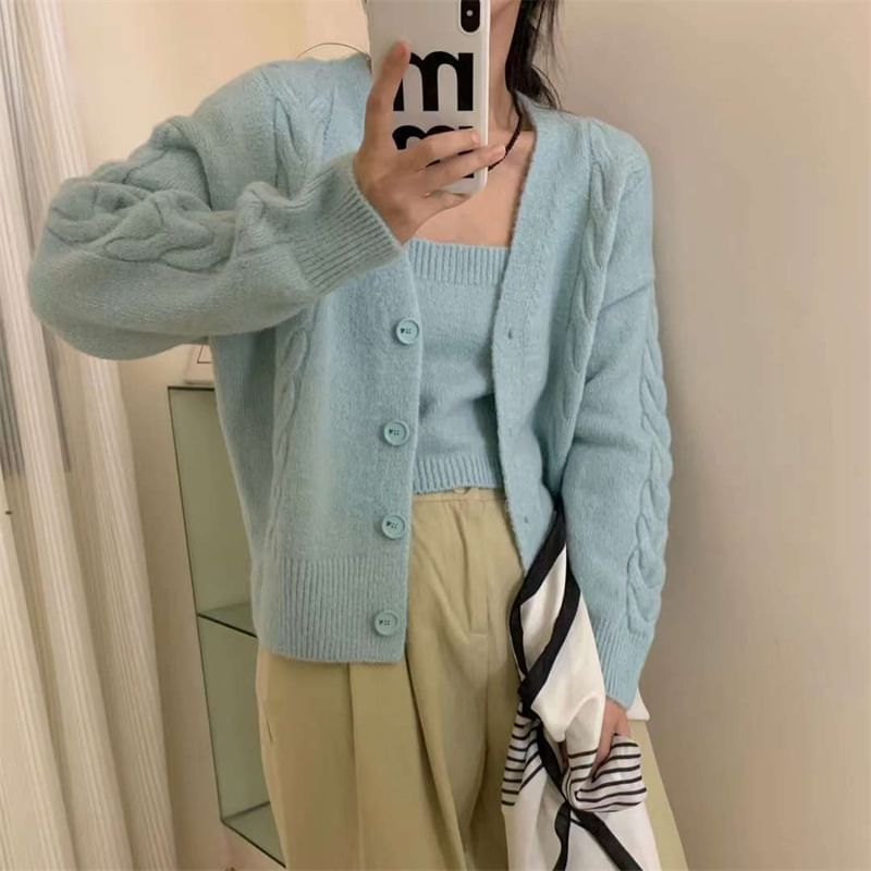 Knit Crop Cami Top and V-Neck Button-Up Cable Knit Cardigan Set