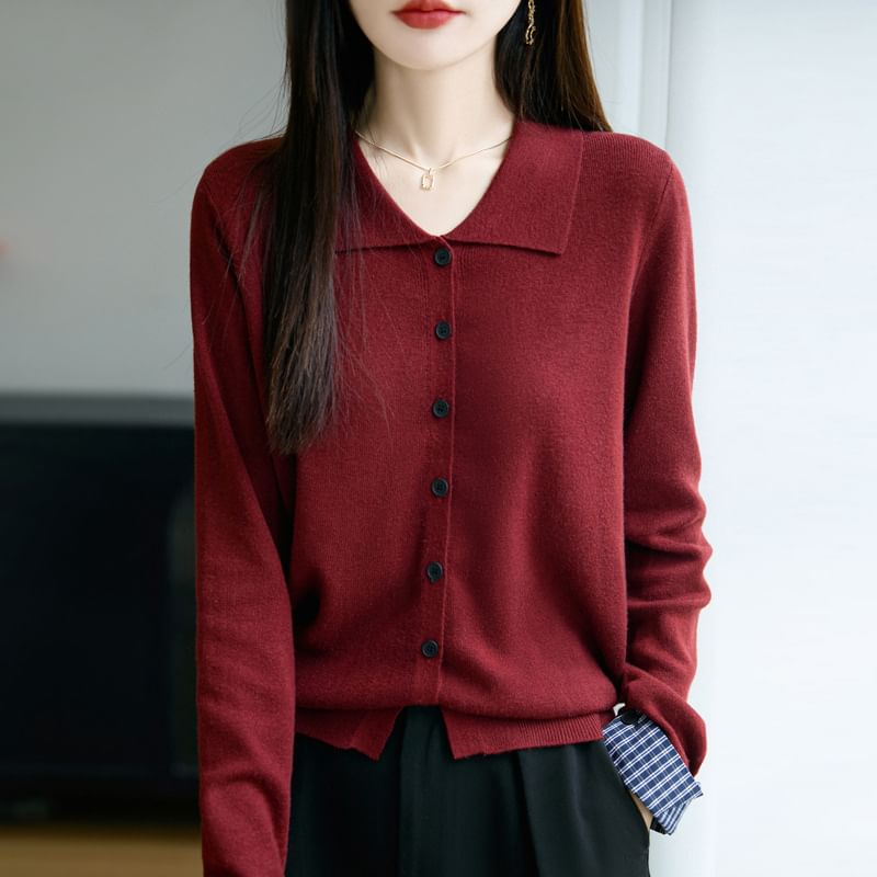 Collared Button-Front Solid Cardigan