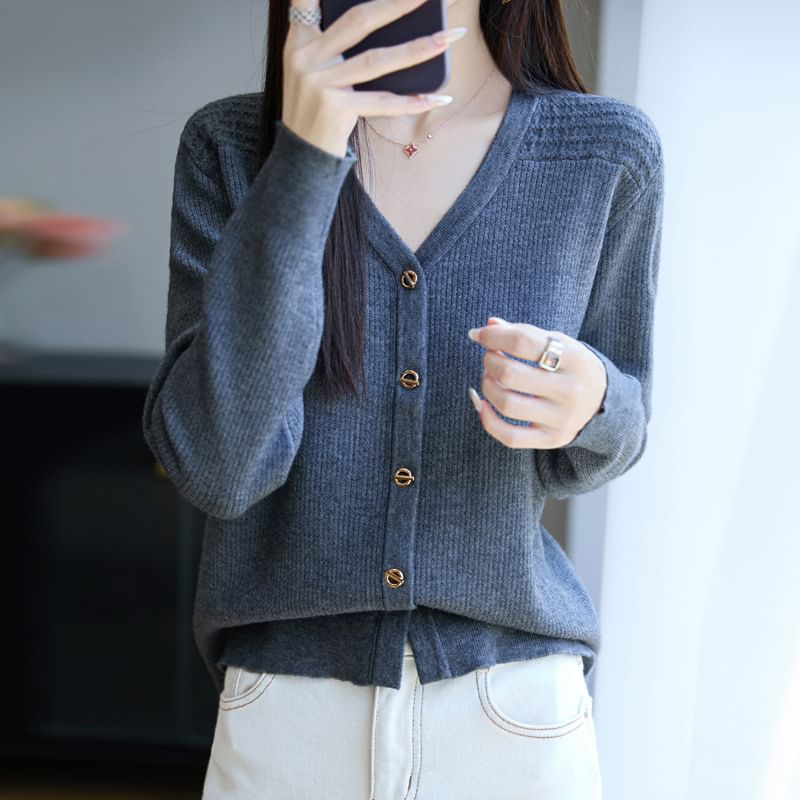 V-Neck Solid Ribbed Button-Up Cardigan