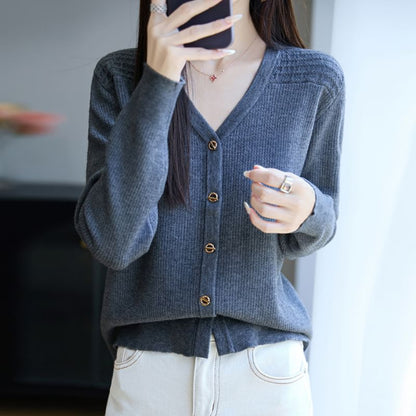V-Neck Solid Ribbed Button-Up Cardigan