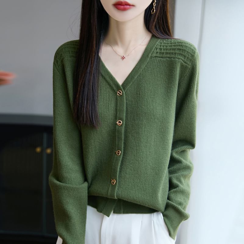 V-Neck Solid Ribbed Button-Up Cardigan