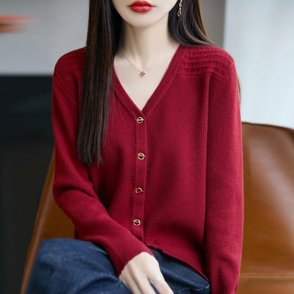 V-Neck Solid Ribbed Button-Up Cardigan