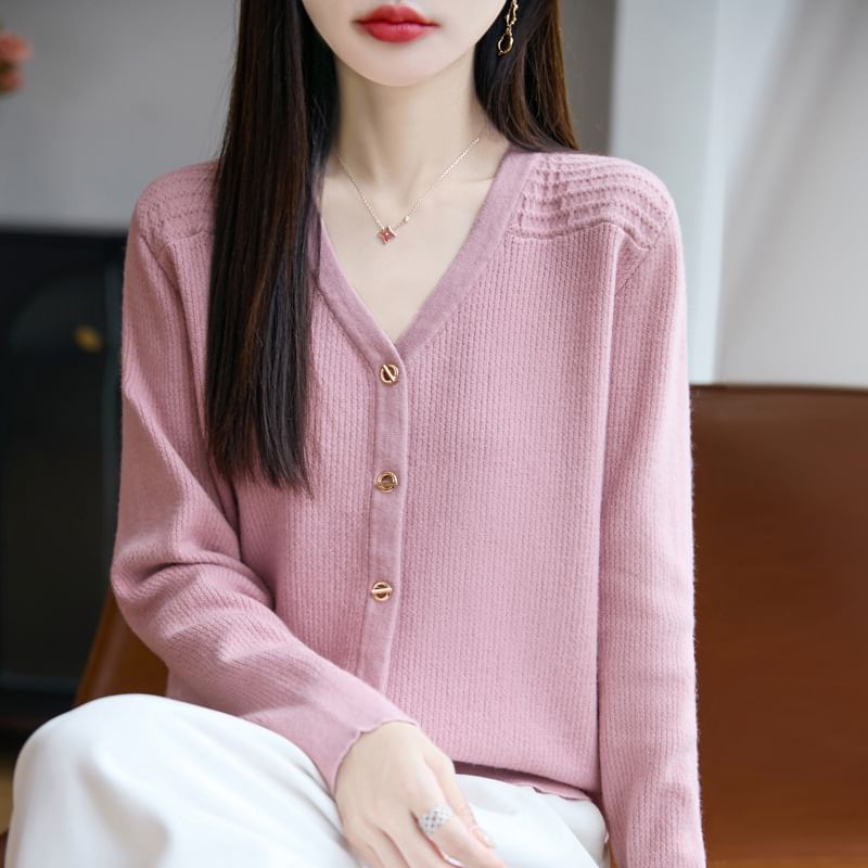 V-Neck Solid Ribbed Button-Up Cardigan