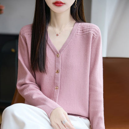 V-Neck Solid Ribbed Button-Up Cardigan