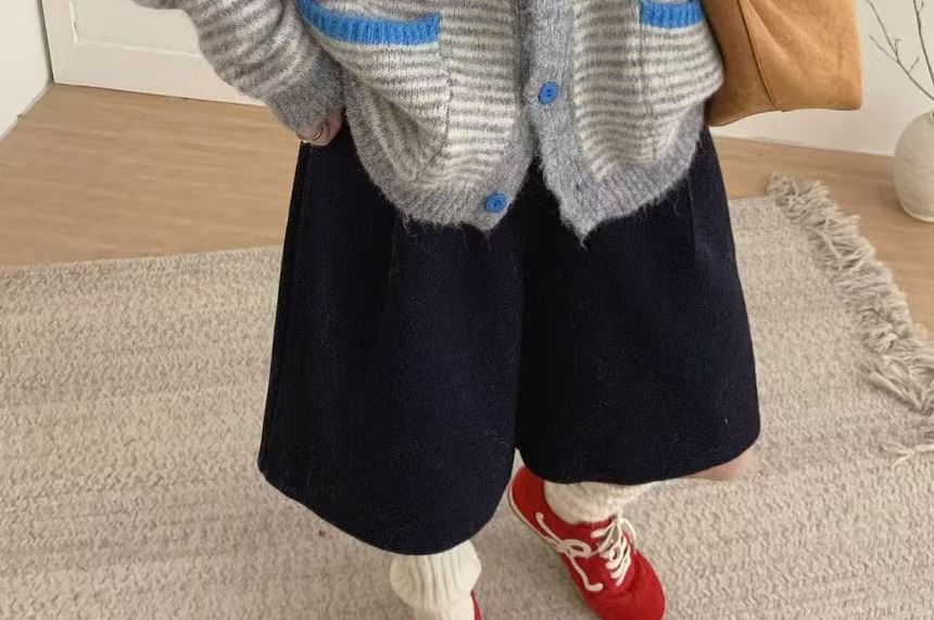 Round Neck Striped Contrast Trim Cardigan
