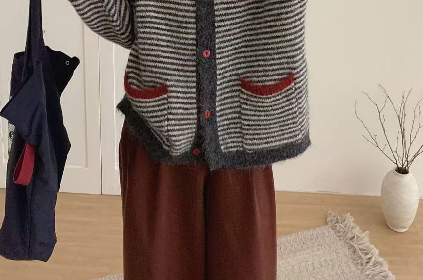 Round Neck Striped Contrast Trim Cardigan